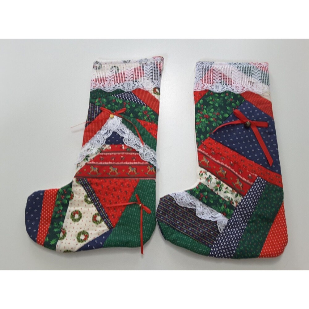 Set of 2 Handmade Quilted Christmas Stockings with Lace